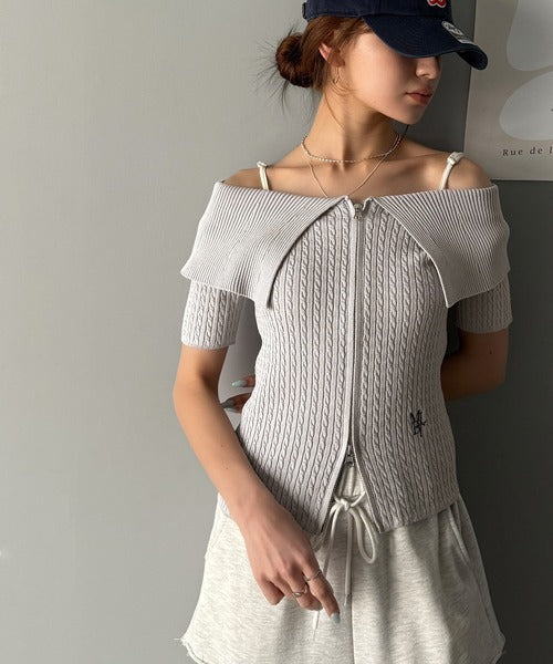 【mily bilet】抜け感レディースタイル。ロゴ刺繍オフショル２WAYダブルジップケーブル柄サマーニット（半袖） mi1029121