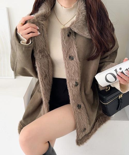 【mily bilet】甘さと気品で冬を楽しむ。ファー切り替えスウェードライクコート（ミドル丈） mi1019097