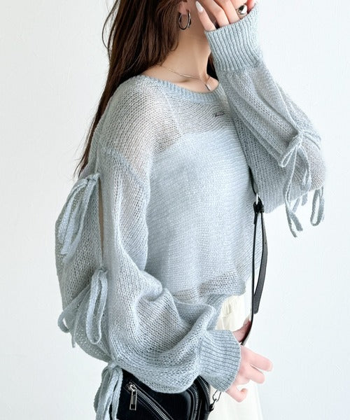 【mily bilet】大人のきらめき。プレートデザイン透かし編み袖リボンラメニット(ワンオフショル2way) mi1259009