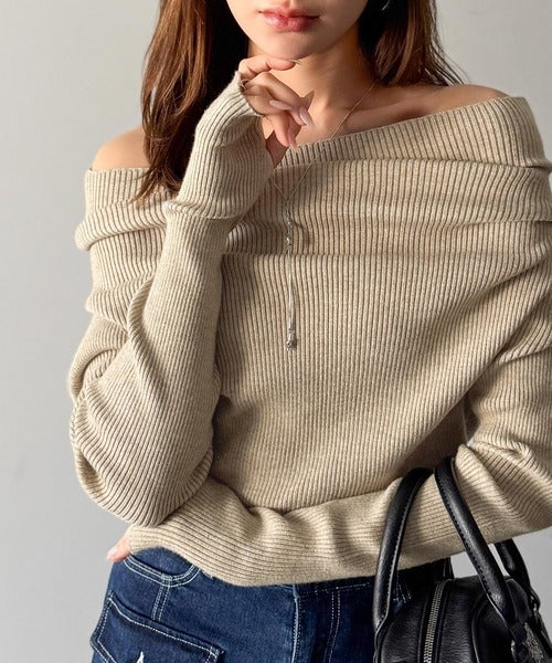 【mily bilet】立体的なシルエットが叶えるデコルテ魅せ♪指穴ドレープ使いファンオフショル２WAYリブニット mi1029137