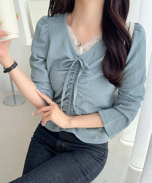【mily bilet】レース×シャーリングで、甘さをひとさじ。レースドッキングパフスリーブジャガードトップス（長袖） mi1359080