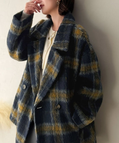 【Classical Evon】大人の余裕を纏う。チェック柄オーバーサイズフェイクウールシャギーコクーンコート（ミドル丈） ev1240132