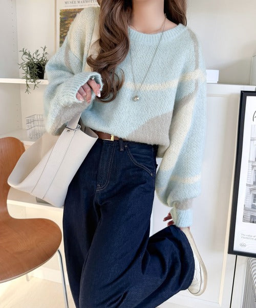 【mily bilet】きゅんモテニット♪柔らかな配色を、ふんわり軽やかに。ニュアンス柄短丈ニットプルオーバー mi1029208