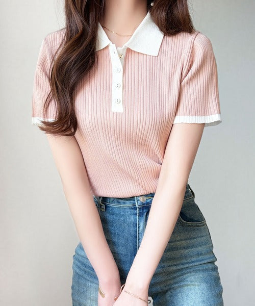 【mily bilet】オン・オフ使えて、春夏コーデにピッタリ。金縁ボタン使いバイカラーリブポロニット(半袖) mi1029197