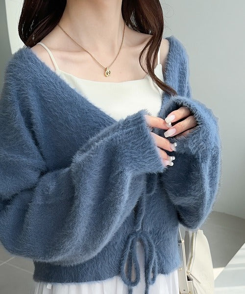 【mily bilet】女性らしさ滲み出る。シャギーリボン前後2WAYカーディガン mi1029038
