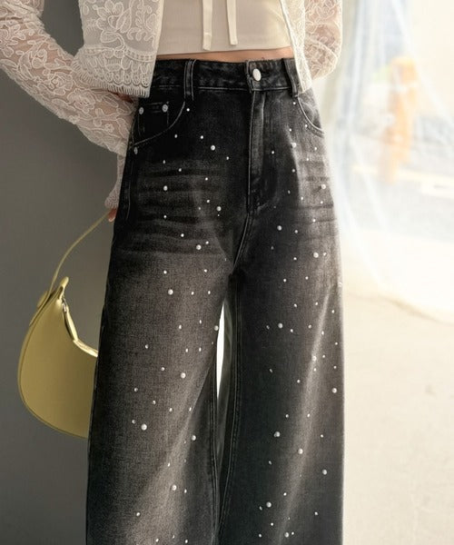 【mily bilet】カジュアルにきらめきを。パールビジューワイドストレートデニムパンツ mi1419001