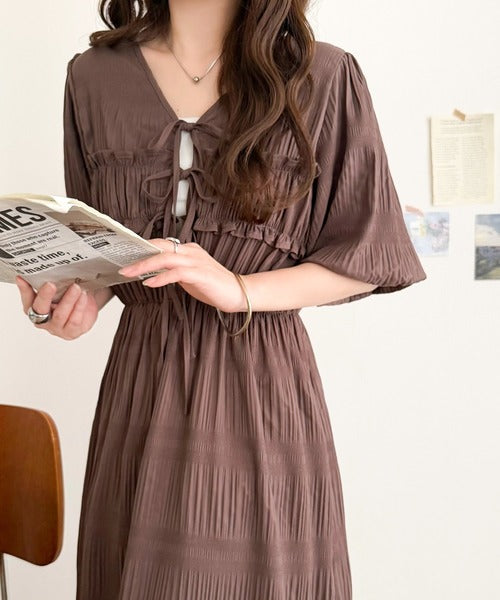 【mily bilet】1枚で華やぐ♪揺れ感シアーフリルリボンプリーツロングワンピース mi1019134