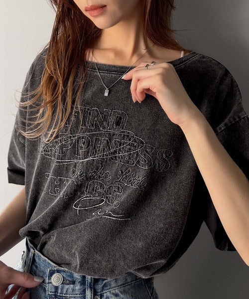 綿100%メンズライクヴィンテージウォッシュ☆前後2way刺繍ワイドネックTシャツ ce1260421