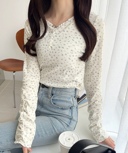 【mily bilet】華やかさと可愛さを1枚で。花柄レース使い袖ギャザーヘンリーカットソー mi1019106