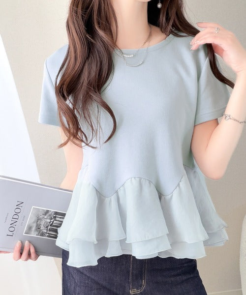 【mily bilet】可憐に揺れて、ときめきを纏う♪前後2wayペプラム切替フリルデザインTシャツ（半袖） mi1019140