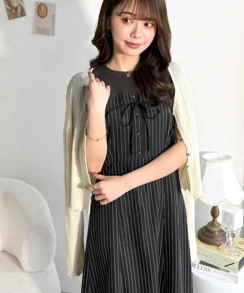 【mily bilet】こなれ感抜群の最旬レイヤード。Tシャツレイヤード風 ストライプドッキング フレアワンピース (ロング丈) mi1019129