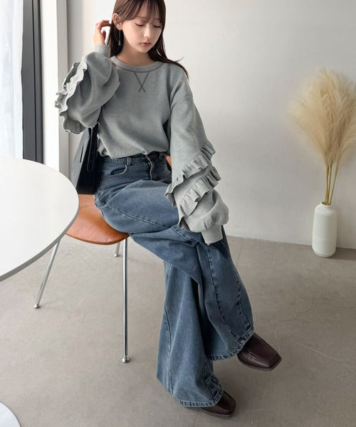 《JaVaジャバコラボ》袖からときめく、大人のカジュアル。袖フリルワッフルプルオーバー jv1010688