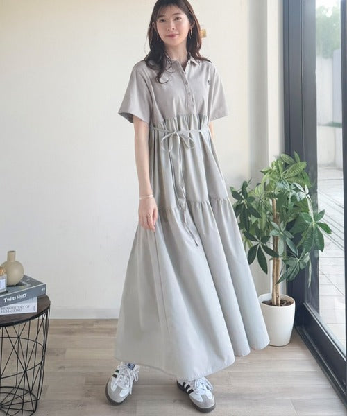 異素材ミックスが目を惹く。胸刺繍ポロ衿布帛切り替えカットティアードワンピース（半袖） ce1020350