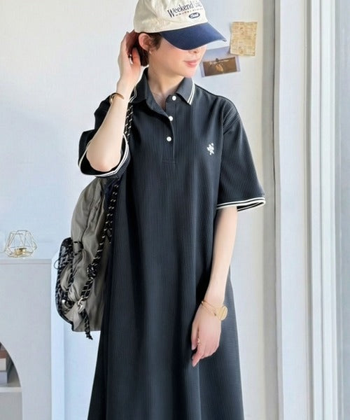 【UVカット機能付き】嬉しい体型カバー◎フレアラインが揺れる オーバーサイズワッフルポロワンピース（半袖） ce0940263