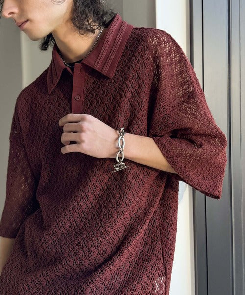 「透け感、モードの余韻。」衿ダブルライン使いレース柄ニットポロシャツ/Lace Detail Knit Polo Shirt co1010010