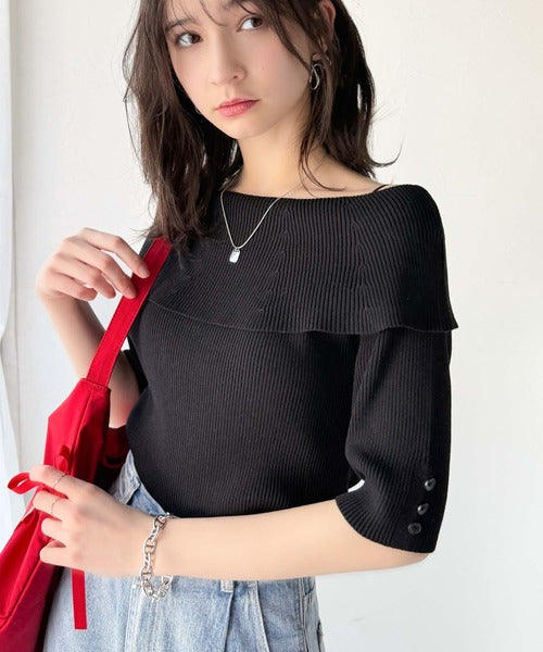 大人フェミニンな着こなし。オフショルリブニット(半袖) ce1020234