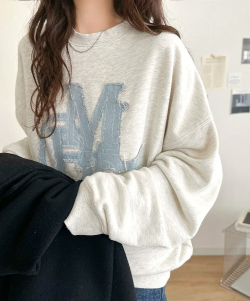 【mily bilet】ラフなシルエットに、遊び心をプラス。デニムフリンジワッペン使い裏毛スウェット(長袖)(ドットあり) mi1329132