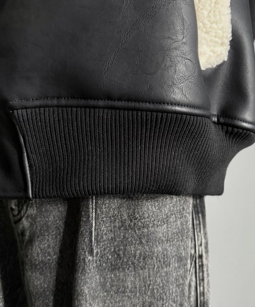 【Classical Origin】「ずっしりかっこいい。」2way襟ボア切り替えフェイクレザージャケット／2way Boa Collar Faux Leather Jacket co1150081