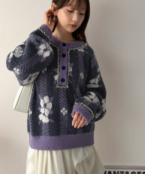 レトロな花柄に、ひと目惚れ。前後2WAY花柄ジャガードフリンジ使いヘンリーネックニットプルオーバー ce1020406