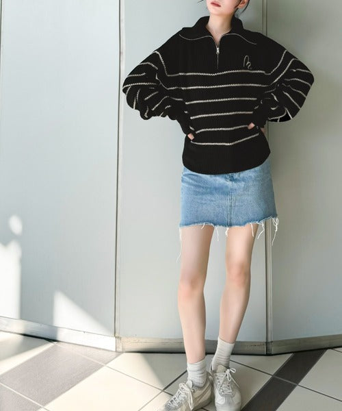 【mily bilet】キュンと大人可愛いボーダーニット。胸刺繍ハーフジップニット mi1029043