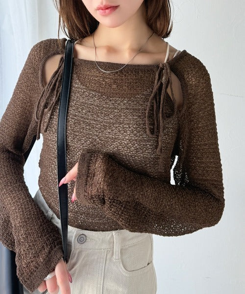 【mily bilet】大人かわいい肌見せを叶える。プレートデザイン前後2WAYメッシュ編み肩リボンニットプルオーバー（長袖） mi1259014