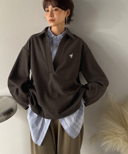 【Classical Evon】優しい温もり、上品見え。圧縮ニット襟付きキーネックプルオーバー ev1110143