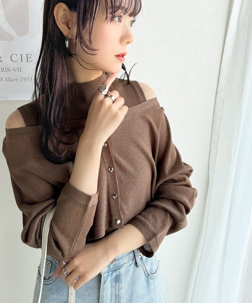 【mily bilet】上品さと可愛らしさを兼ね備えた、オフショル２WAYラメシアーニットアンサンブル（カーディガンセット） mi1029105