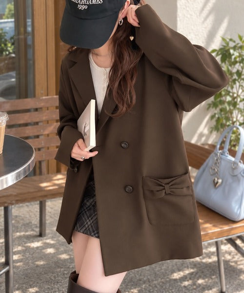 【mily bilet】ハンサムジャケットにリボンで甘さをひとさじ、羽織るだけで大人ガーリー♪リボンポケットテーラードジャケット mi1329107