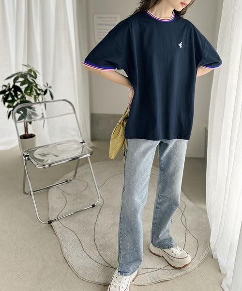 《JaVa ジャバコラボ》大人スポーティー。綿100%シルケット 配色刺繍Tシャツ jv1050074