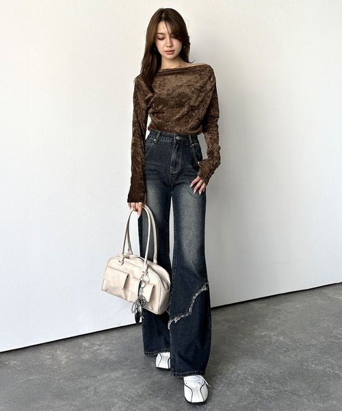 【mily bilet】一歩先のオシャレにアップデート！クラッシュベロアワンオフショルドレーププルオーバー（サムホール付き） mi1269007