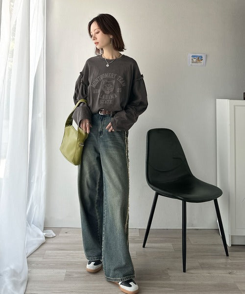 レディなヴィンテージスタイル。綿100％カレッジピグメント袖フリルTシャツ ce1020221
