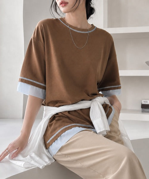 《JaVa ジャバコラボ》異素材ミックスで魅せる、大人のこなれ感。チュールドッキング配色ステッチトップス（半袖） jv1330094