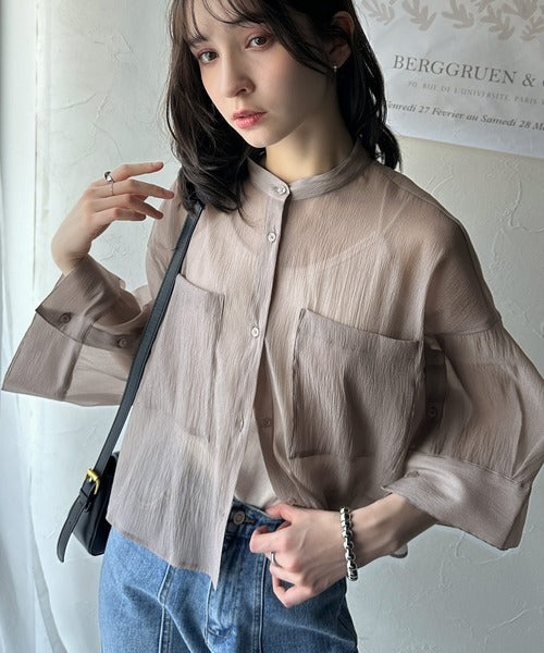ゆるっと大人の余裕。ワイドハーフスリーブシアーバンドカラーショートシャツ（半袖） ce1110098