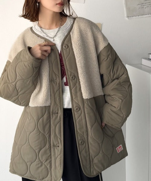 《JaVaジャバコラボ》軽くて暖かい、旬顔ボア切替♪ノーカラーひょうたんキルティングコート jv1240103