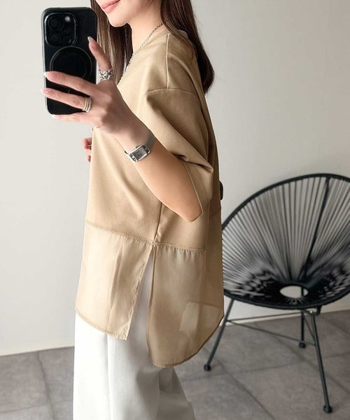 春夏に涼しさ引き立てる透け感が◎裾シアー切り替えライトダンボール半袖Tシャツ ce1110116