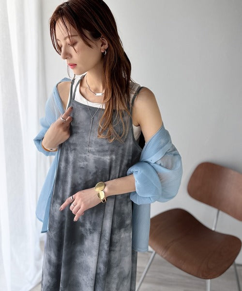 そよ風シフォン♪ふわり柔らかシルエットで“涼”を着回す。前後2wayチュールレイヤードロングキャミワンピース（ブラック＆マーブル柄） ce1240090