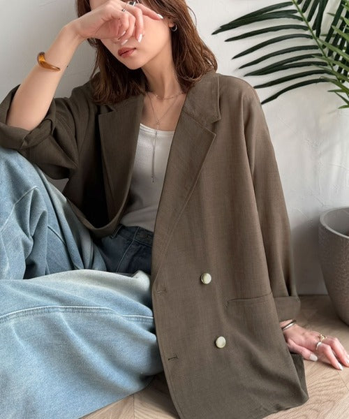 【UVカット、防シワ、接触冷感、吸水速乾機能付き】さらり羽織れるライトさで、楽なのに上品見え。ビックシルエット金ボタンダブルジャケット ce1265041