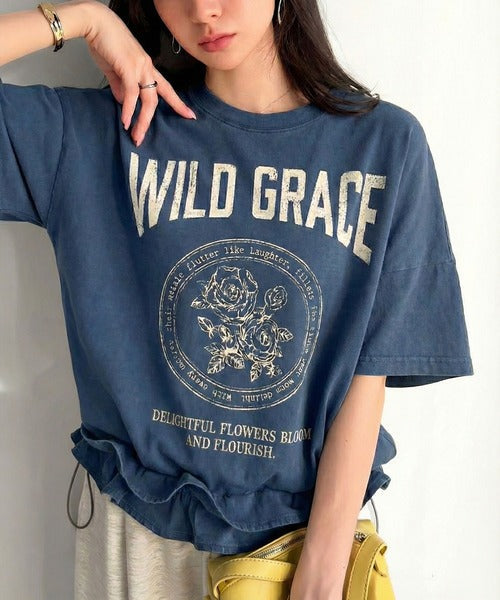 【mily bilet】甘辛バランスが叶う！綿100％ゆるシルエット裾ドロストフリルプリントTシャツ mi1329075