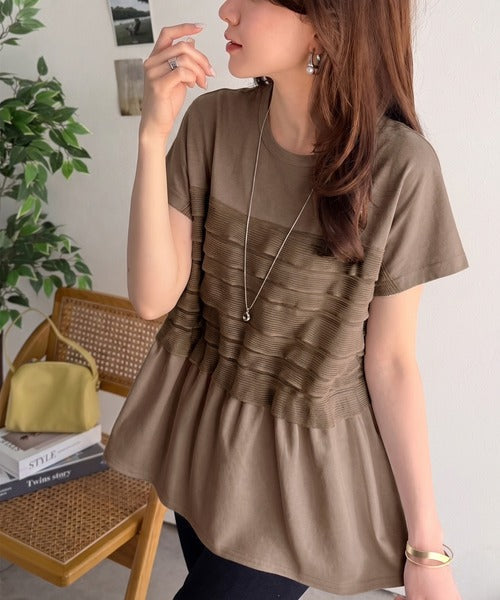 甘さを仕込む、大人の余裕。綿100％シルケット加工×シアーフリル切替オーバーサイズペプラムTシャツ（半袖） ce1410008