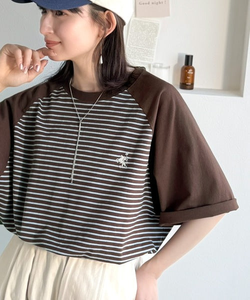 《JaVaジャバコラボ》お洒落迷子の救世主。綿100％胸刺繍ラグラン配色ボーダーTシャツ jv1260558