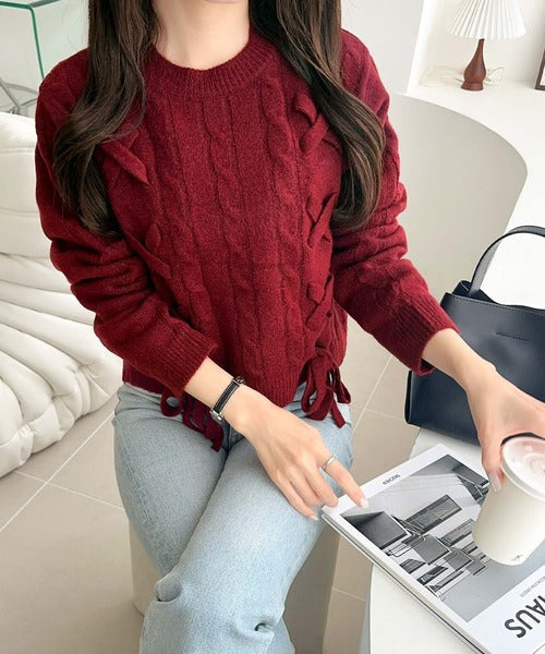 【mily bilet】前も後ろも可愛く映える、大人フェミニン。前後２WAYリボン使いケーブルニット mi1329039