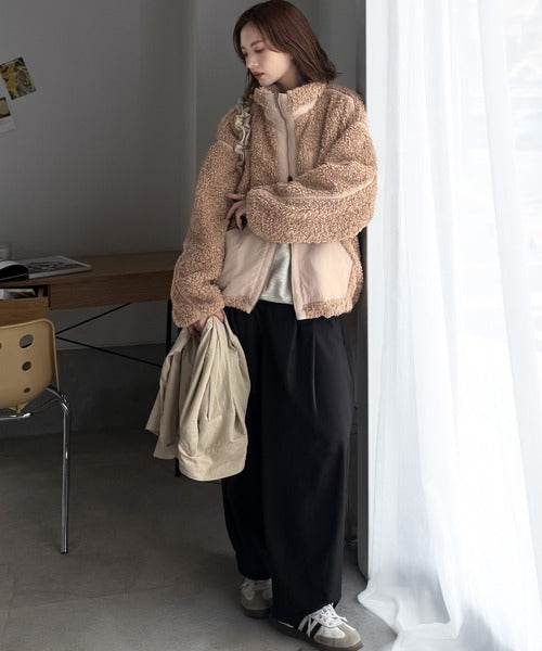 《JaVaジャバコラボ》ぬくぬく愛らしい◎プードルボア×ナイロン異素材切替フライトジャケット jv1265031
