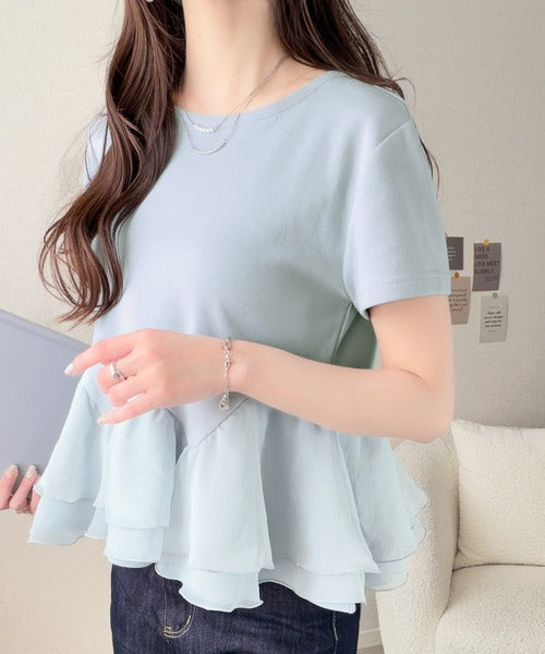 【mily bilet】可憐に揺れて、ときめきを纏う♪前後2wayペプラム切替フリルデザインTシャツ（半袖） mi1019140