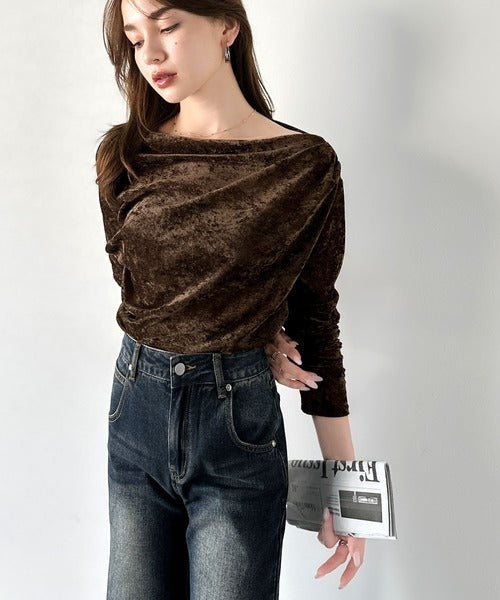 【mily bilet】一歩先のオシャレにアップデート！クラッシュベロアワンオフショルドレーププルオーバー（サムホール付き） mi1269007