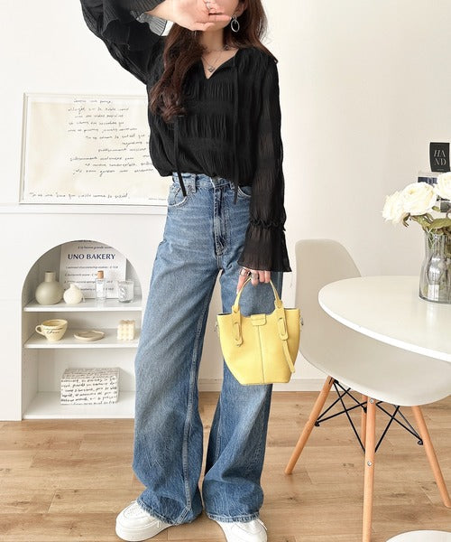 涼やかに、品よく、愛らしく。前後2wayリボンキャンディスリーブシアープリーツブラウス（長袖） ce1010538