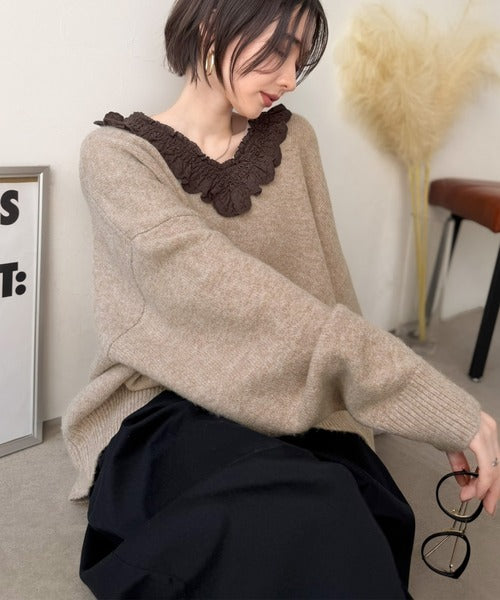 今年の大本命♪カジュアルにも大人っぽくも着こなせる。冬コーデが華やぐ、魅惑のレース襟ドッキングニットプルオーバー（長袖） ce1020368