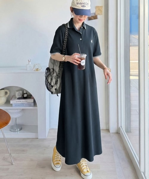 【UVカット機能付き】嬉しい体型カバー◎フレアラインが揺れる オーバーサイズワッフルポロワンピース（半袖） ce0940263