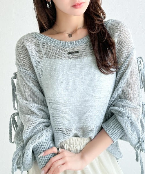 【mily bilet】大人のきらめき。プレートデザイン透かし編み袖リボンラメニット(ワンオフショル2way) mi1259009