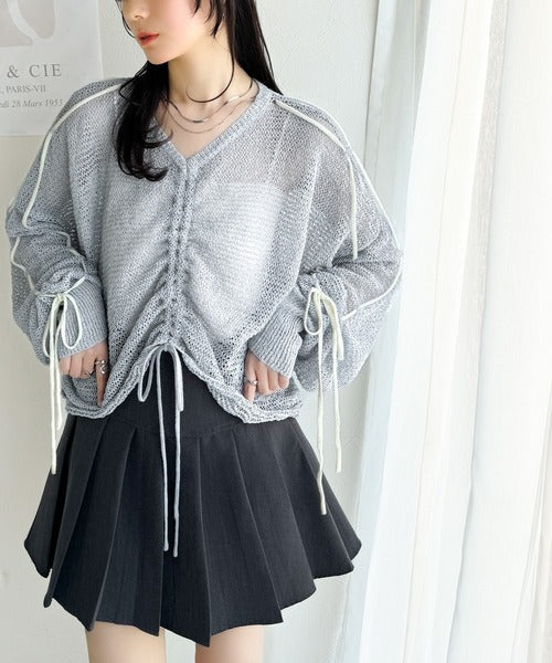 【mily bilet】ルーズな愛らしさで魅了する。透かし編みギャザー仕様リボンプルオーバー（長袖） mi1029102