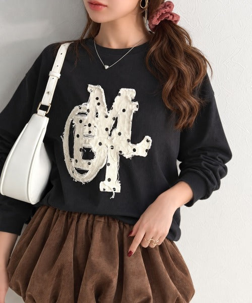 【mily bilet】"秋もこの子と一緒♪"ヴィンテージライクな存在感。ドットデニムフリンジワッペン使いロンT(長袖) mi1329133